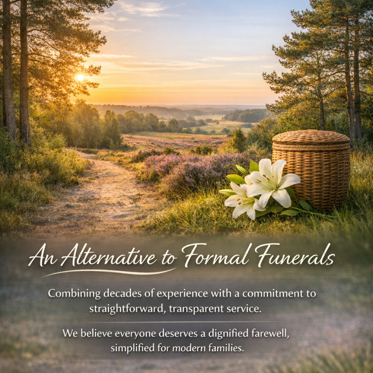A tranquil landscape with a woven urn and lilies, promoting alternative funeral services.