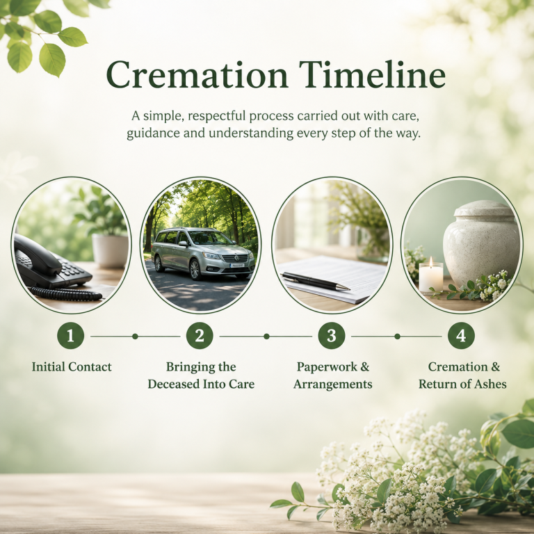 Cremation timeline outlining process steps: initial contact, transport, paperwork, and ashes.