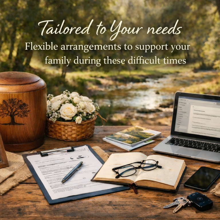 A wooden urn, flowers, and a laptop on a desk with documents in a natural setting.