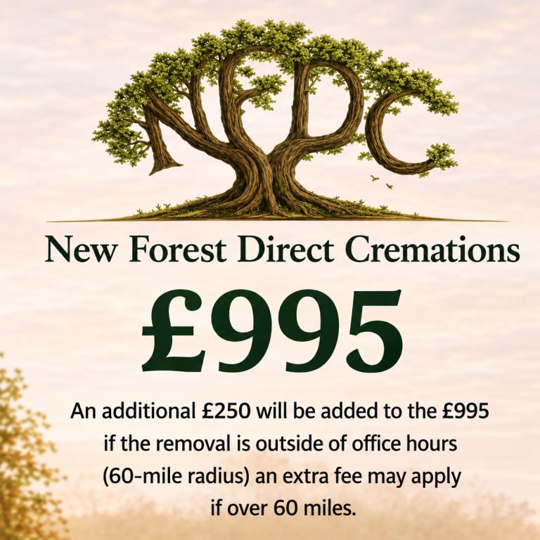 Logo of NFDC with pricing details for direct cremations and additional charges.