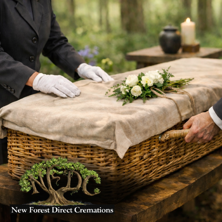 A wicker coffin adorned with flowers, surrounded by a serene forest setting.