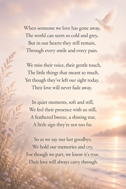 Text of a poem about love, nature, and remembrance, with a soft pastel background and a bird.